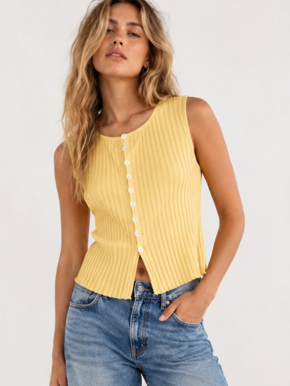 FREE PEOPLE Tilly Vest Yellow Ribbed Knit Button Front Sleeveless Tank Top S NWT